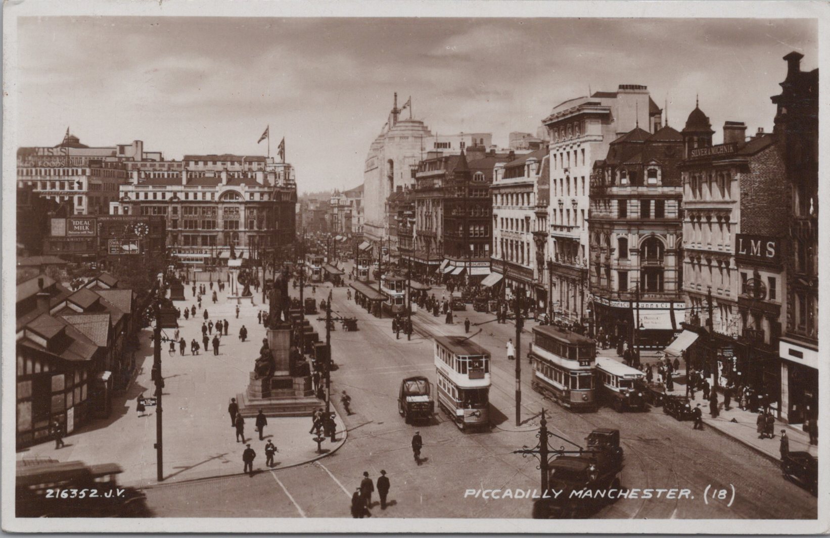 Vintage sepia-toned street scene print of Piccadilly, Manchester, showing pedestrians, buildings, buses, and a wide city thoroughfare with printed text at the bottom. Listing image processed by Cavendish Contractors.